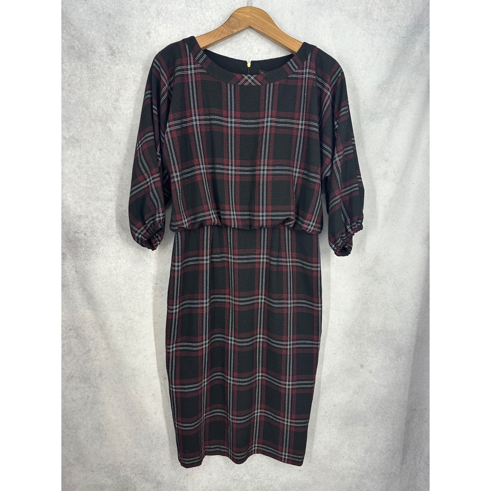Donna Karan New York Plaid Blouson Midi Dress Black Red Tartan Size 12 NEW